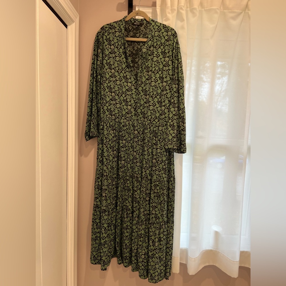 Long sleeve green floral print boho midi dress Madewell XXL